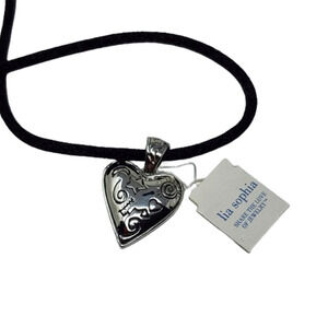 NWT - Lia Sophia - Reversible Silver Heart Pendant Necklace Black Cord (16-19")